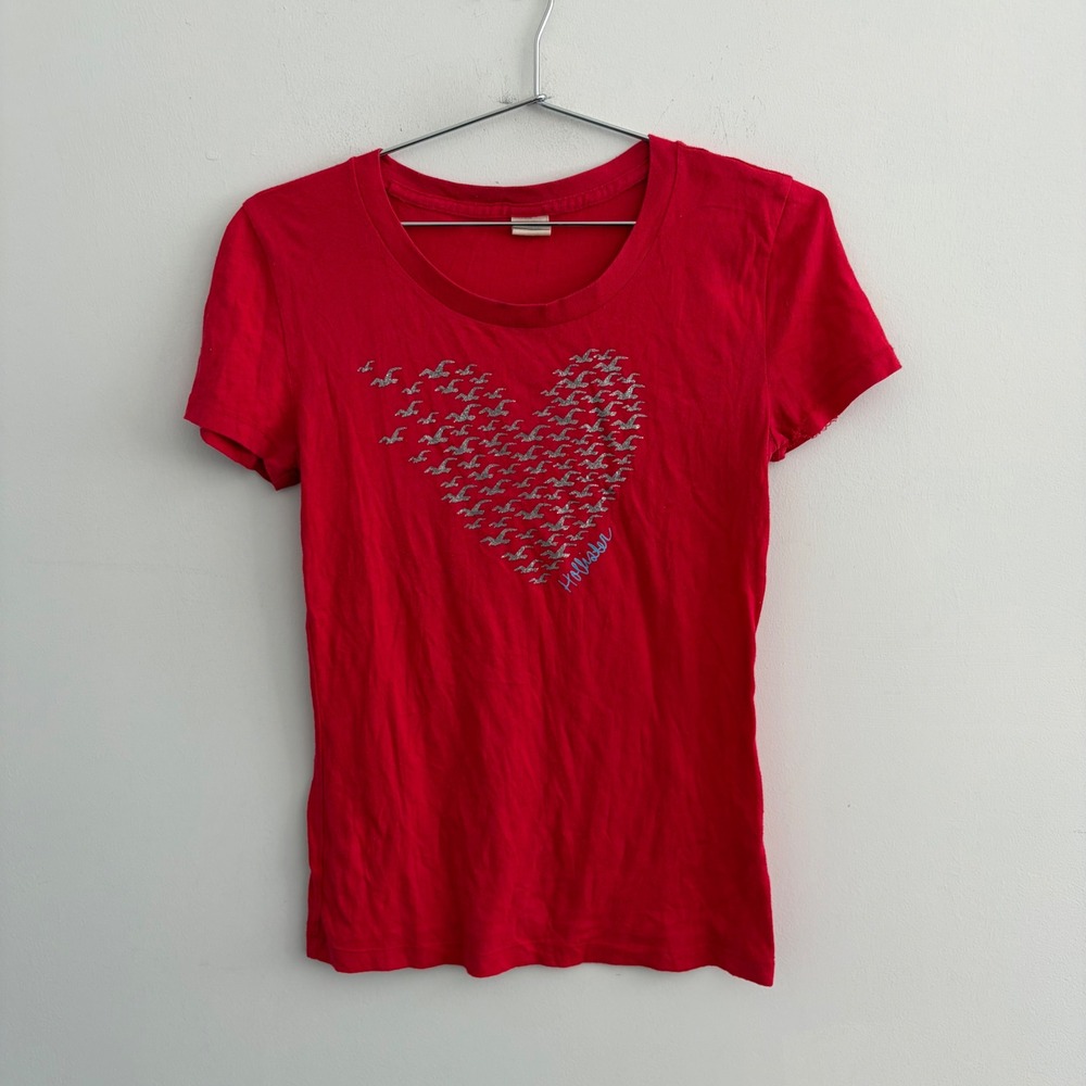 Hollister Womens Red Graphic Heart Seagull Logo Short Sleeve T-Shirt Medium